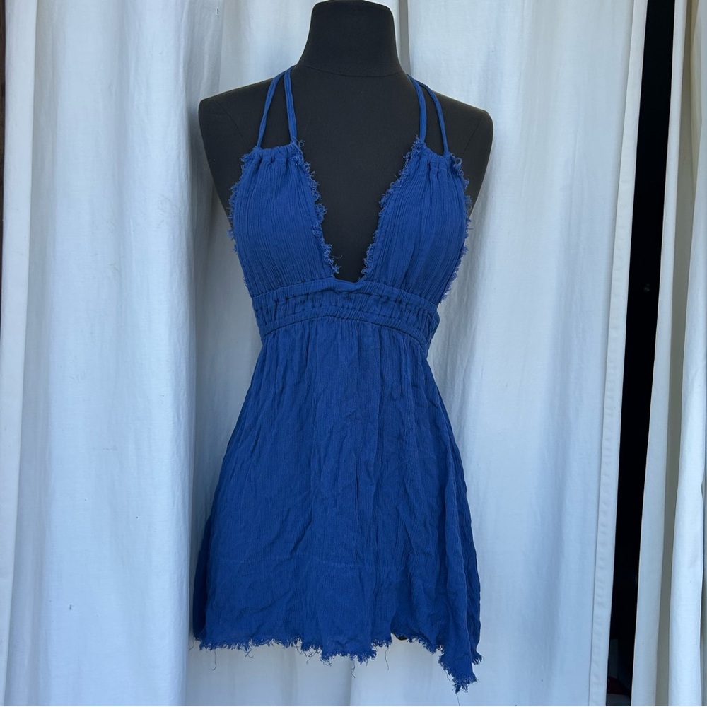 Bohemian Lover Blue Halter Mini Dress, Boho Beach Flowy Summer Festival Fairy